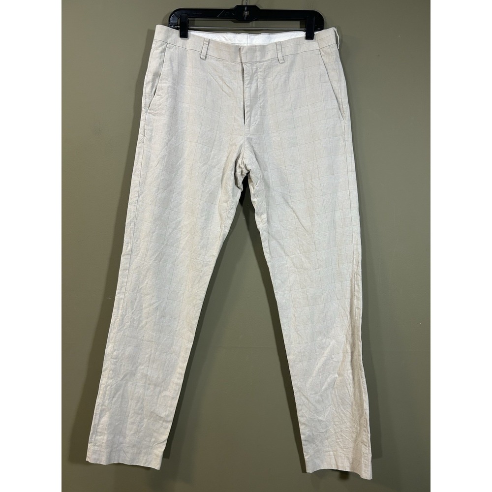 J.Crew Ludlow Slim Dress Pants Linen Blend Beige Plaid Mens Sz 32x32 (33x30) NEW